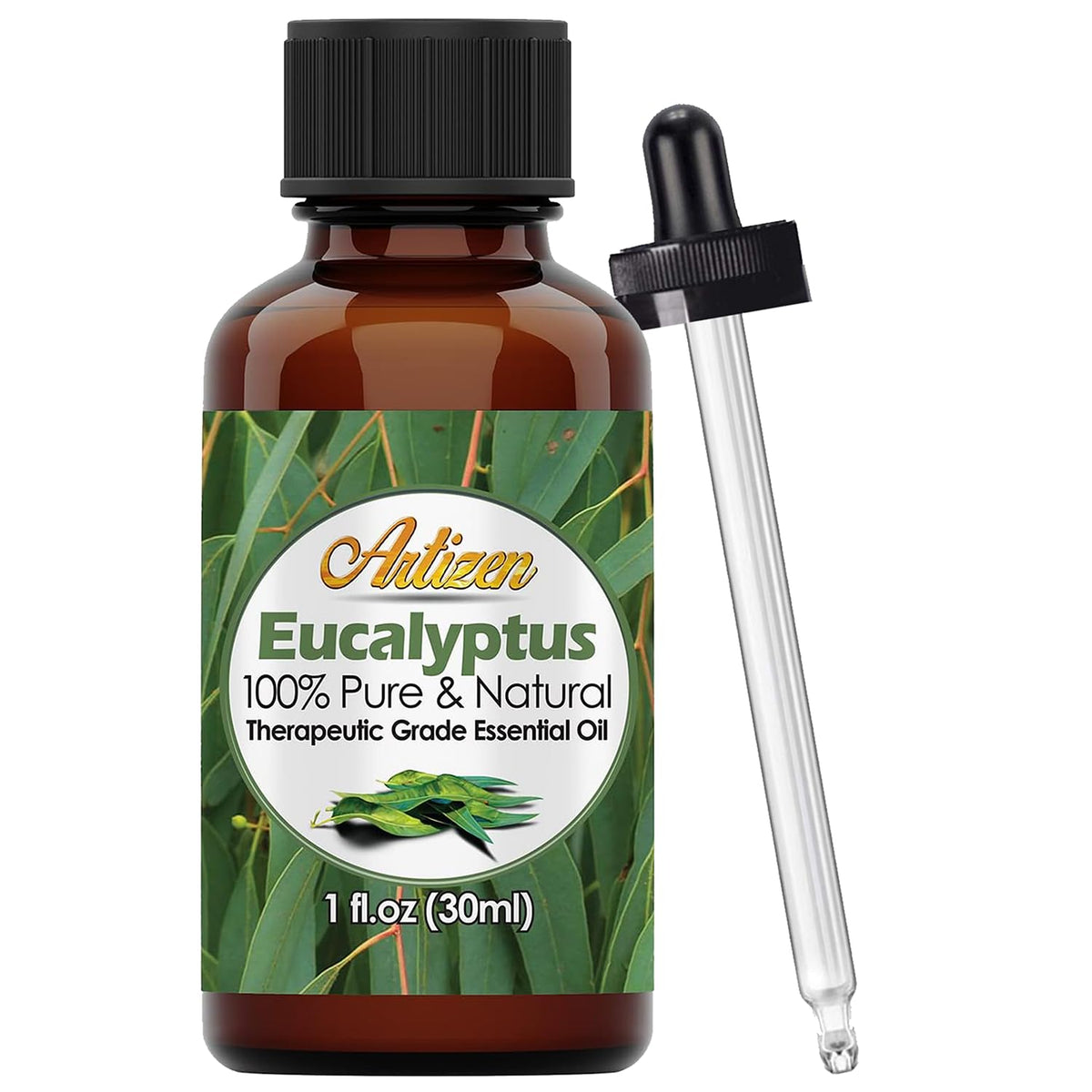 Artizen eucalyptus oil bottle front showing pure essential oil for aromatherapy use
