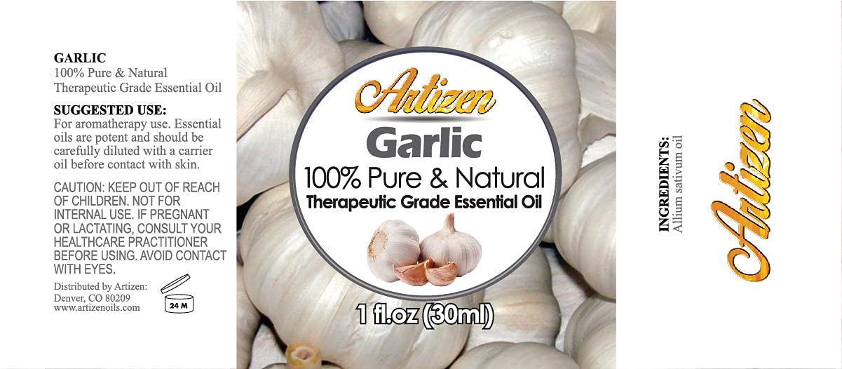 Artizen garlic essential oil packaging showcases UV protection and premium glass bottle.