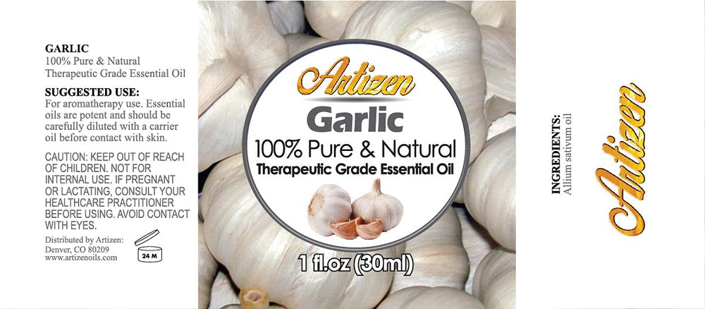 Artizen garlic essential oil packaging showcases UV protection and premium glass bottle.