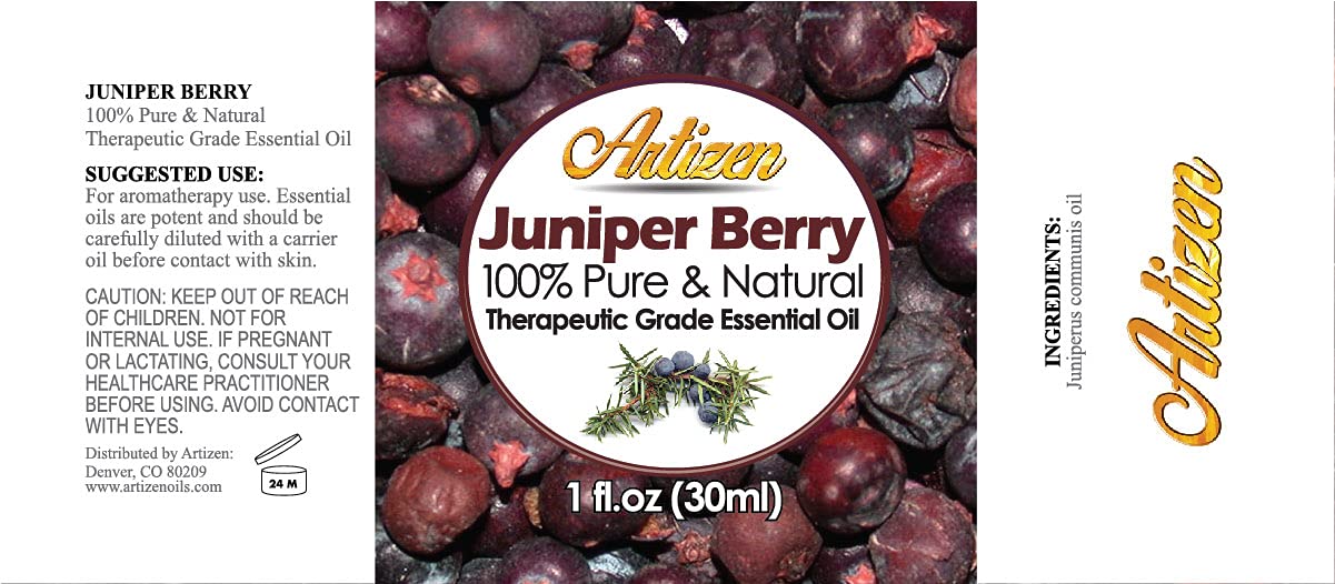 Artizen Juniper Berry essential oil with secure dropper cap.