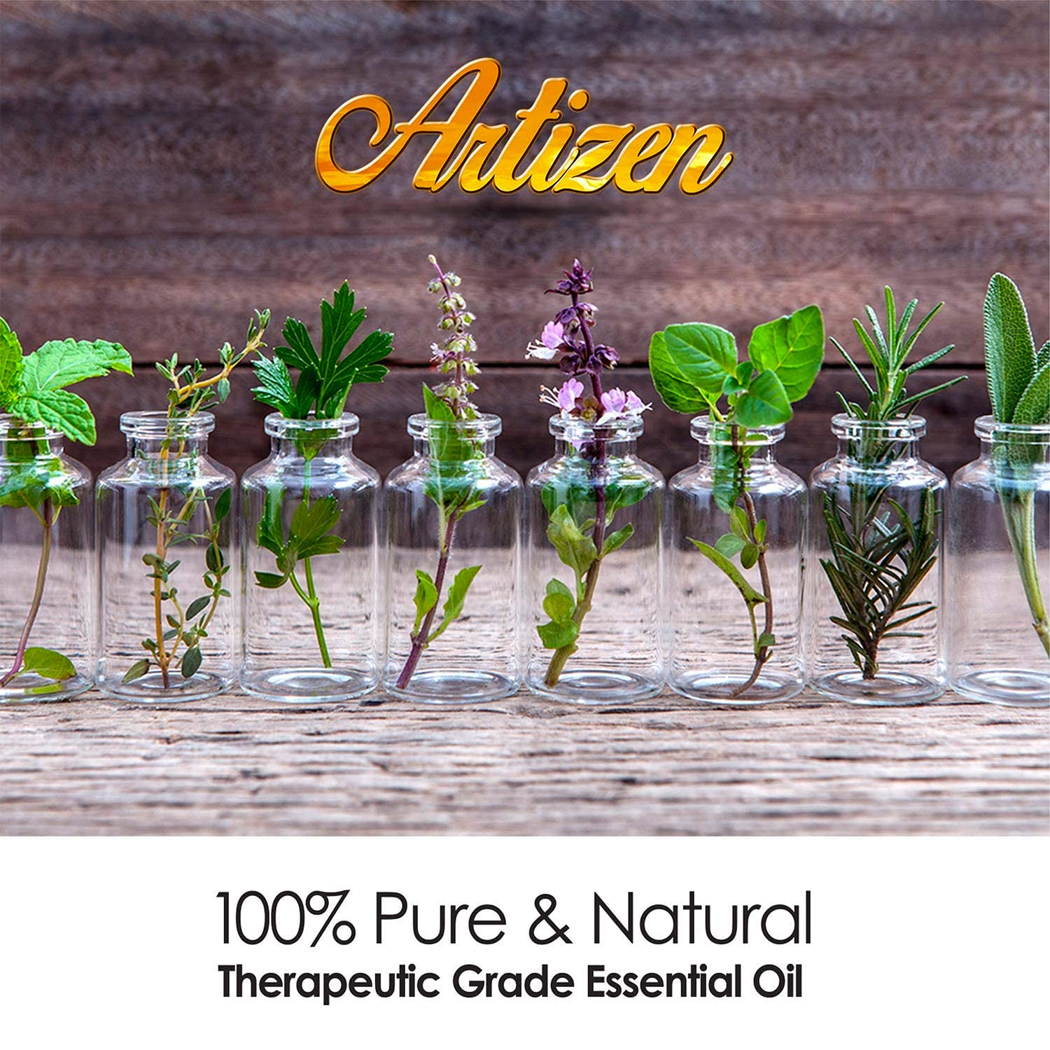 Close-up of Artizen Lemongrass oil label showing purity and batch information.