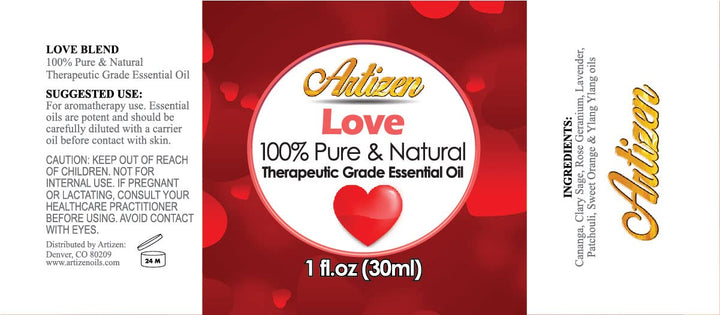 Artizen Love Blend bottle label showcasing premium quality.