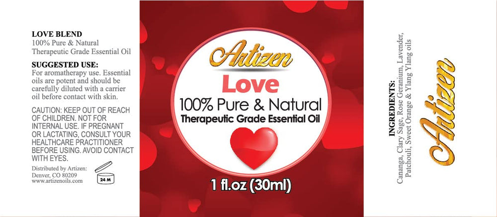 Artizen Love Blend bottle label showcasing premium quality.