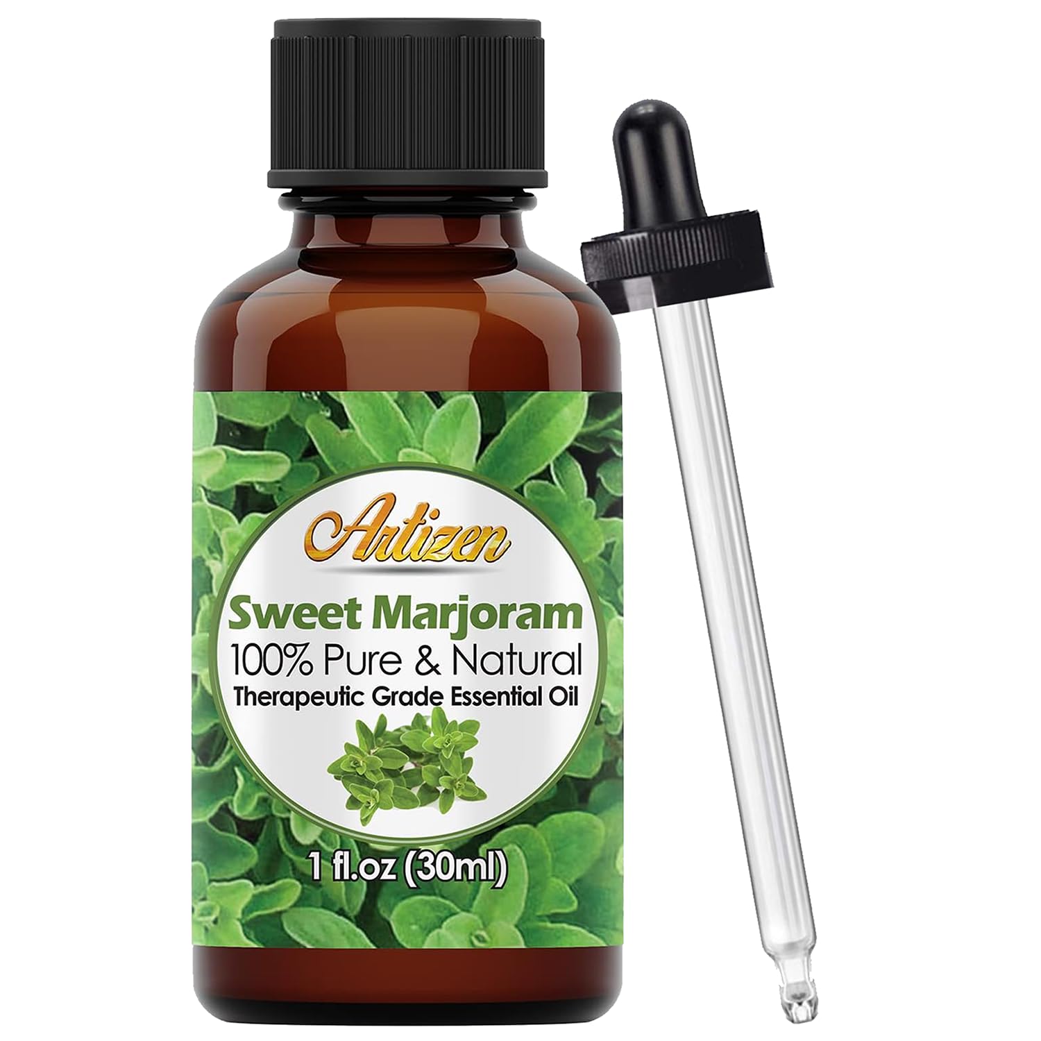 Artizen Marjoram essential oil bottle 30ml showcases pure formula for versatile aromatherapy uses.