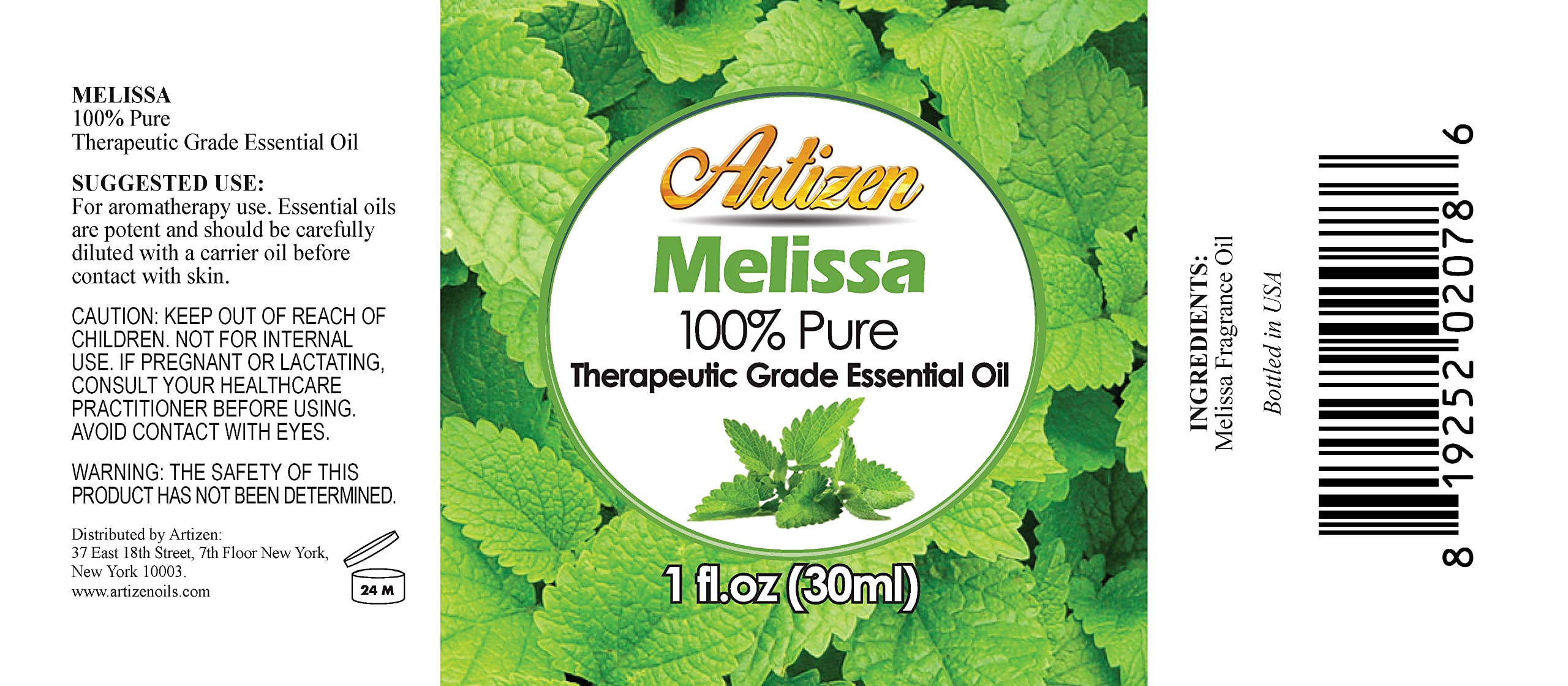 Close-up of Artizen Melissa oil label proving quality for skin and diffuser use.