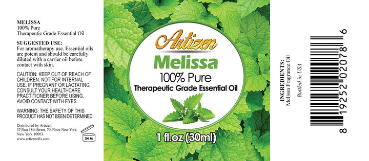 Close-up of Artizen Melissa oil label proving quality for skin and diffuser use.