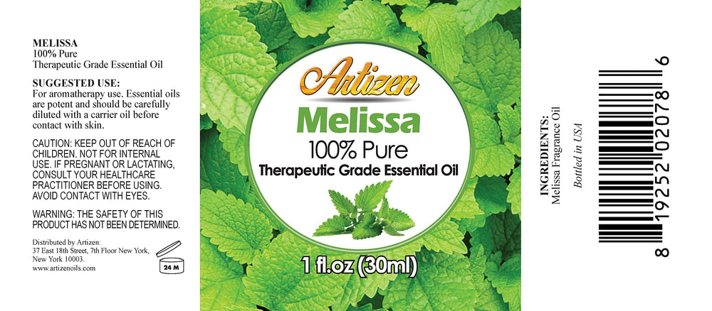 Close-up of Artizen Melissa oil label proving quality for skin and diffuser use.