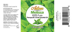 Close-up of Artizen Melissa oil label proving quality for skin and diffuser use.
