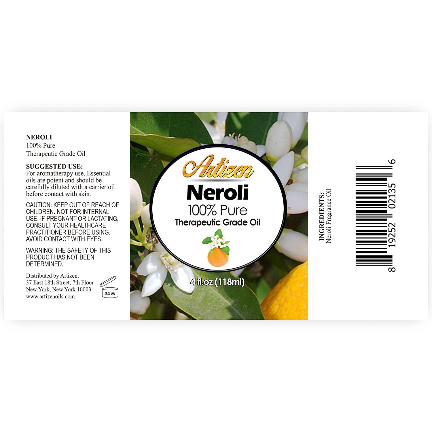 Artizen Neroli oil glass bottle glowing under light, protecting purity and potency.