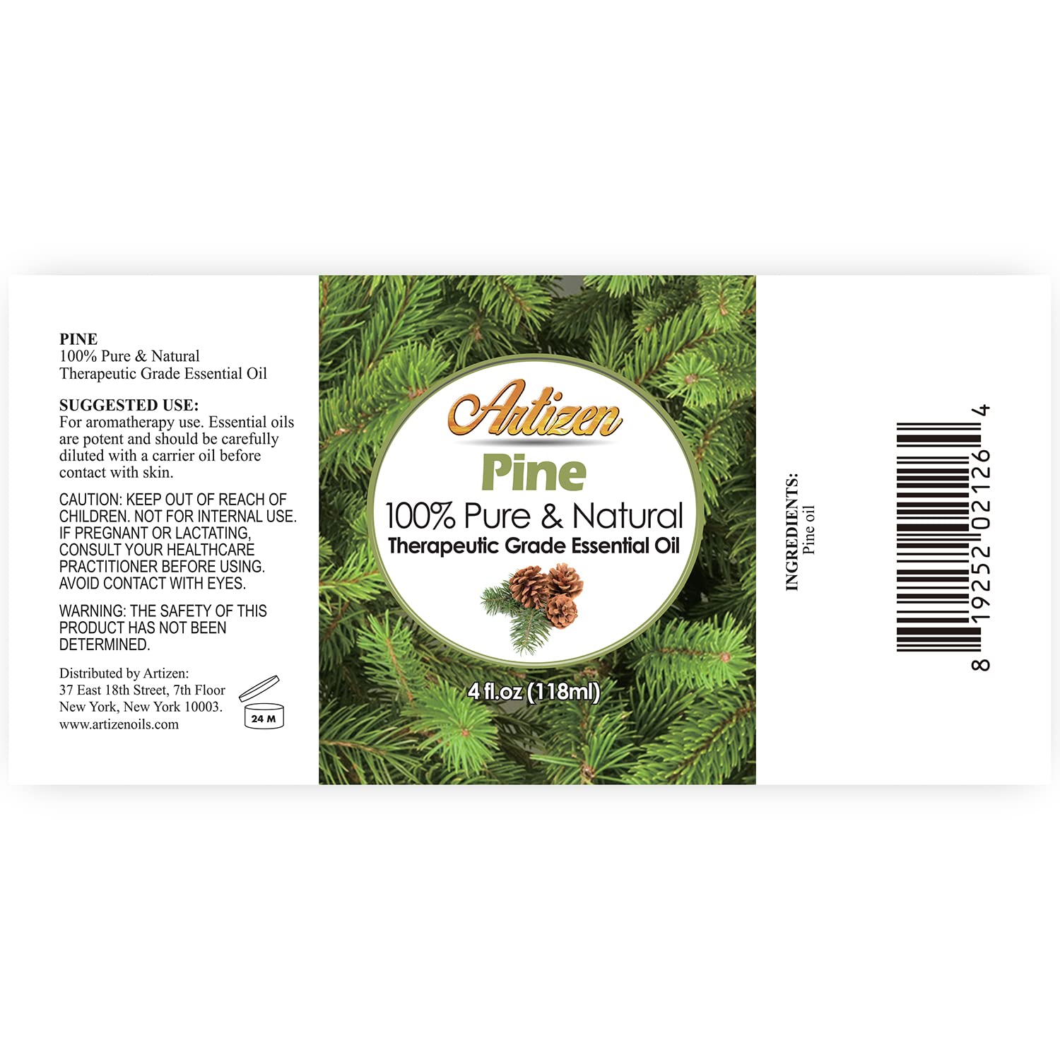 Close-up of Artizen Pine Oil label indicating 100% pure content.