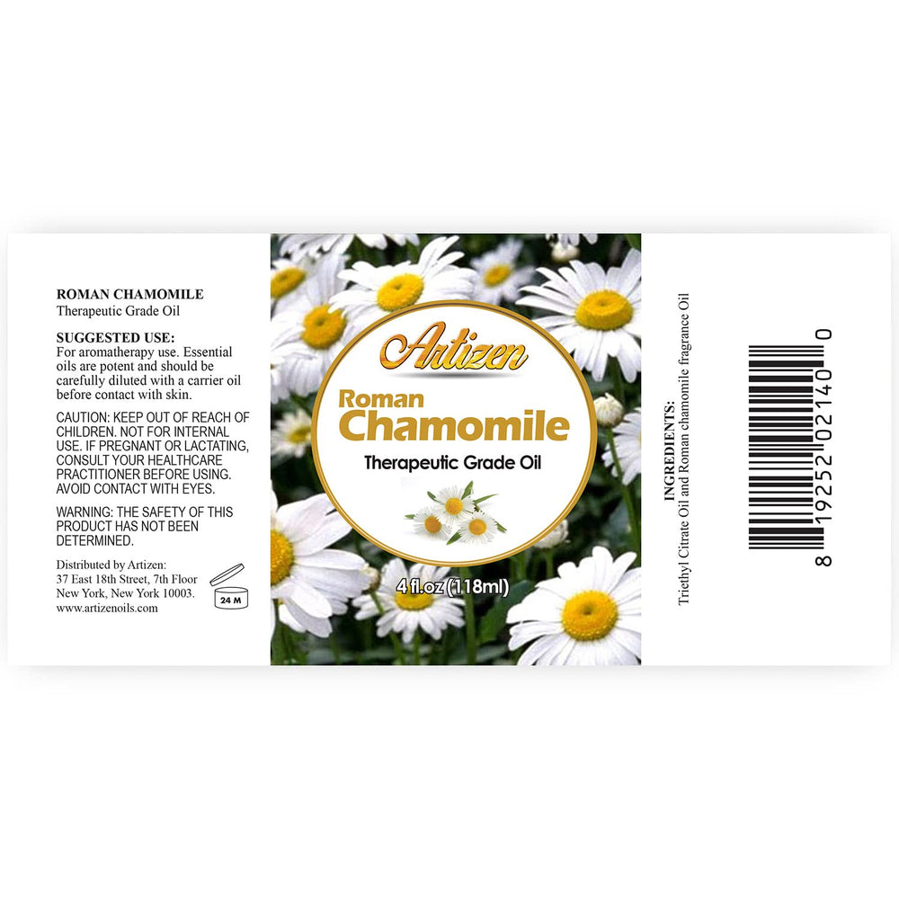 Close-up cap of Artizen Roman Chamomile essential oil emphasizing premium concentration.