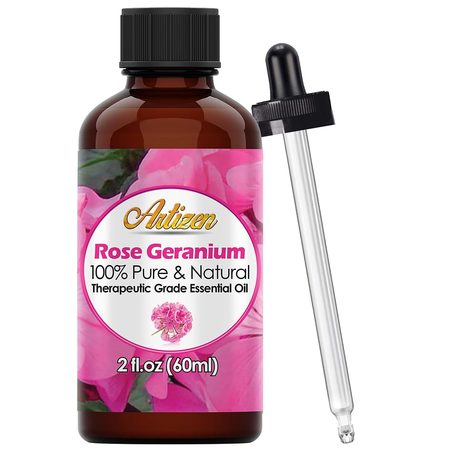 Artizen Rose Geranium Oil bottle for pure aromatherapy and fragrance.