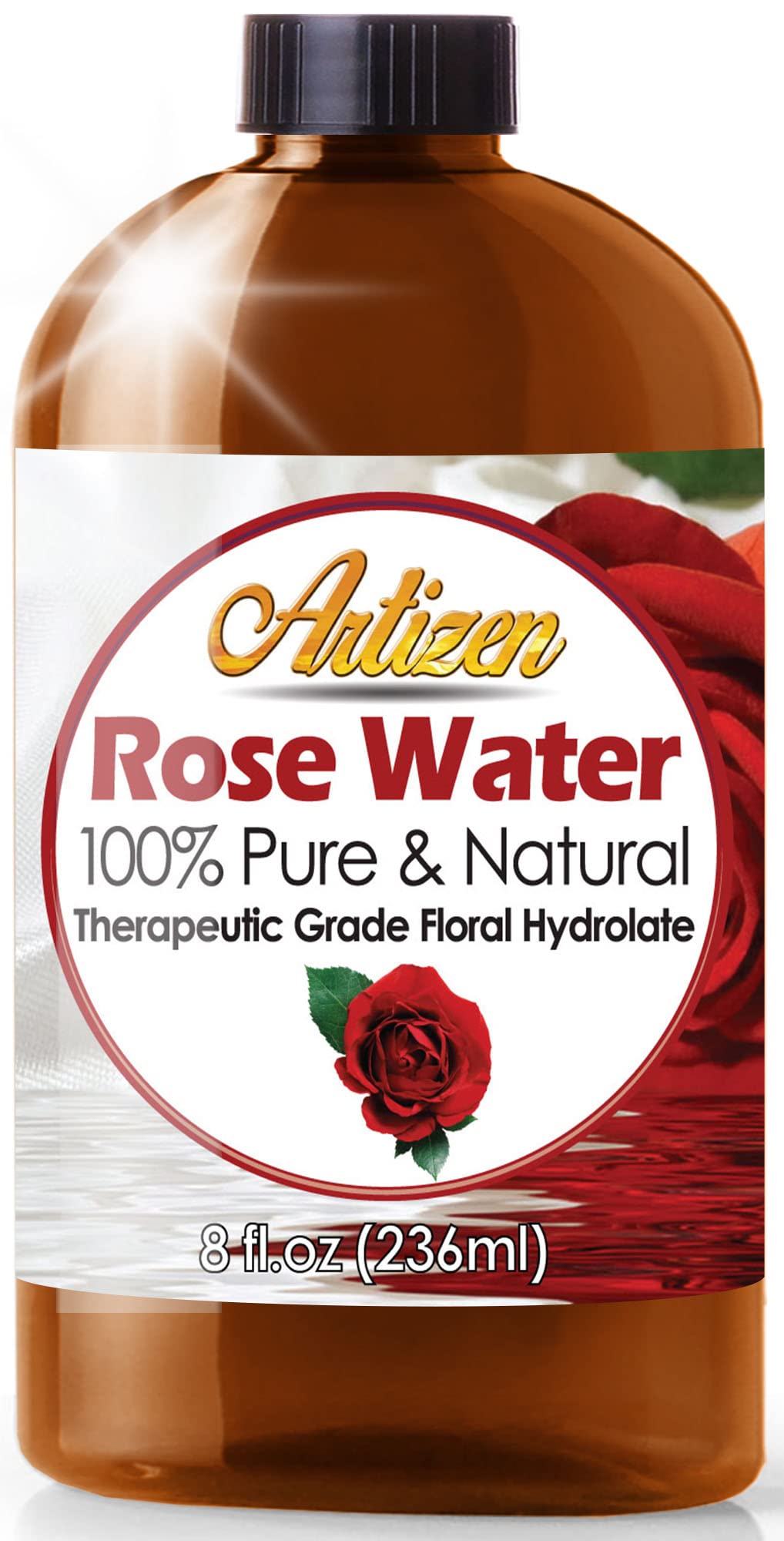 Artizen Rosewater 8oz bottle with floral aroma for skin care and aromatherapy.