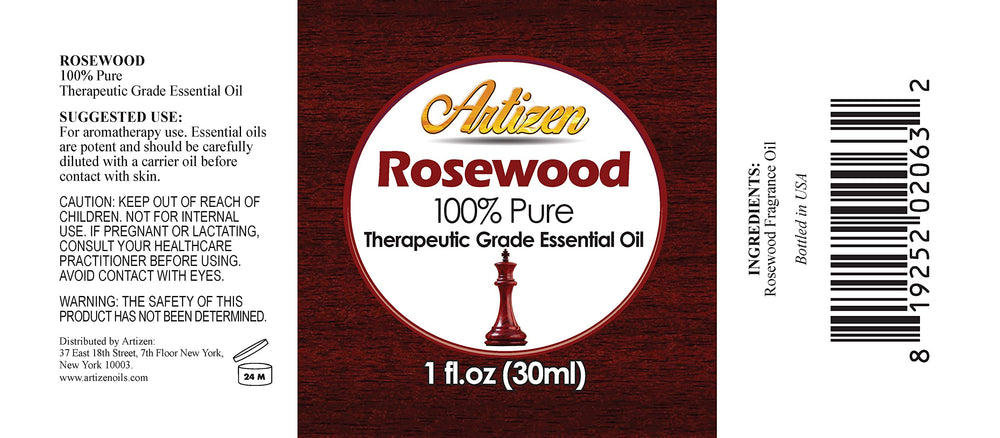 Artizen Rosewood oil packaging highlights UV protection to preserve aroma.