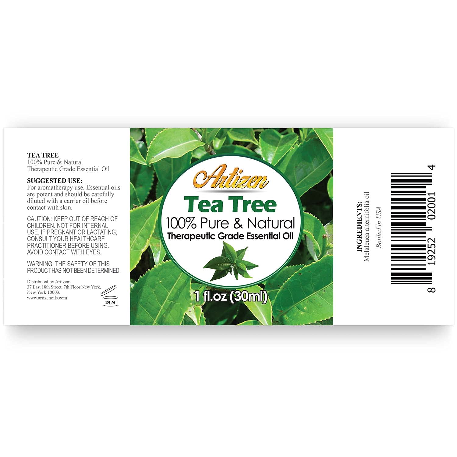 Close-up of Artizen Tea Tree Oil glass bottle highlighting premium packaging and purity