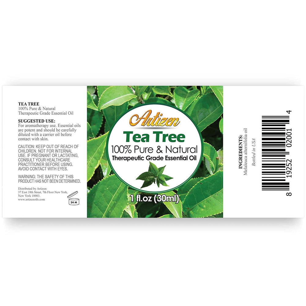 Close-up of Artizen Tea Tree Oil glass bottle highlighting premium packaging and purity