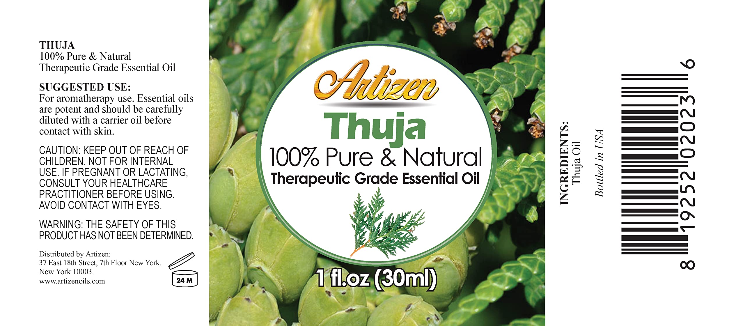 Artizen Thuja essential oil 30ml bottle closeup emphasizing purity and glass packaging