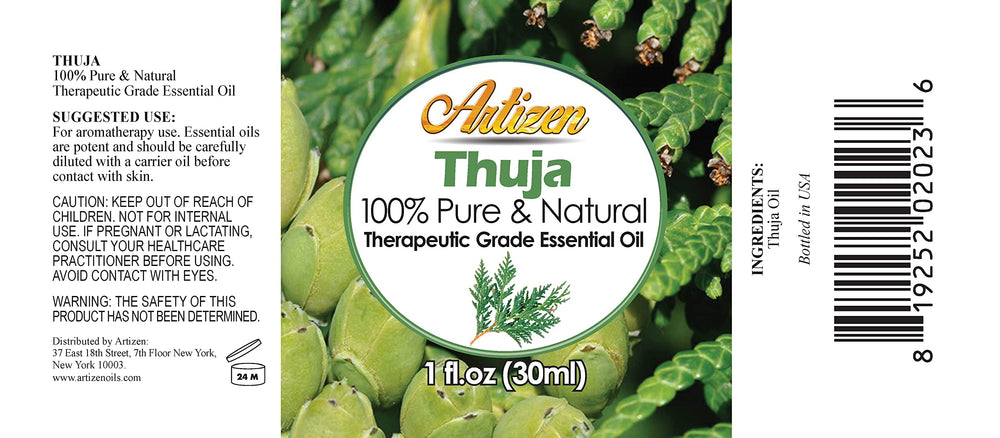 Artizen Thuja essential oil 30ml bottle closeup emphasizing purity and glass packaging