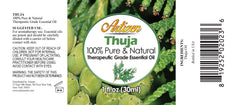 Artizen Thuja essential oil 30ml bottle closeup emphasizing purity and glass packaging