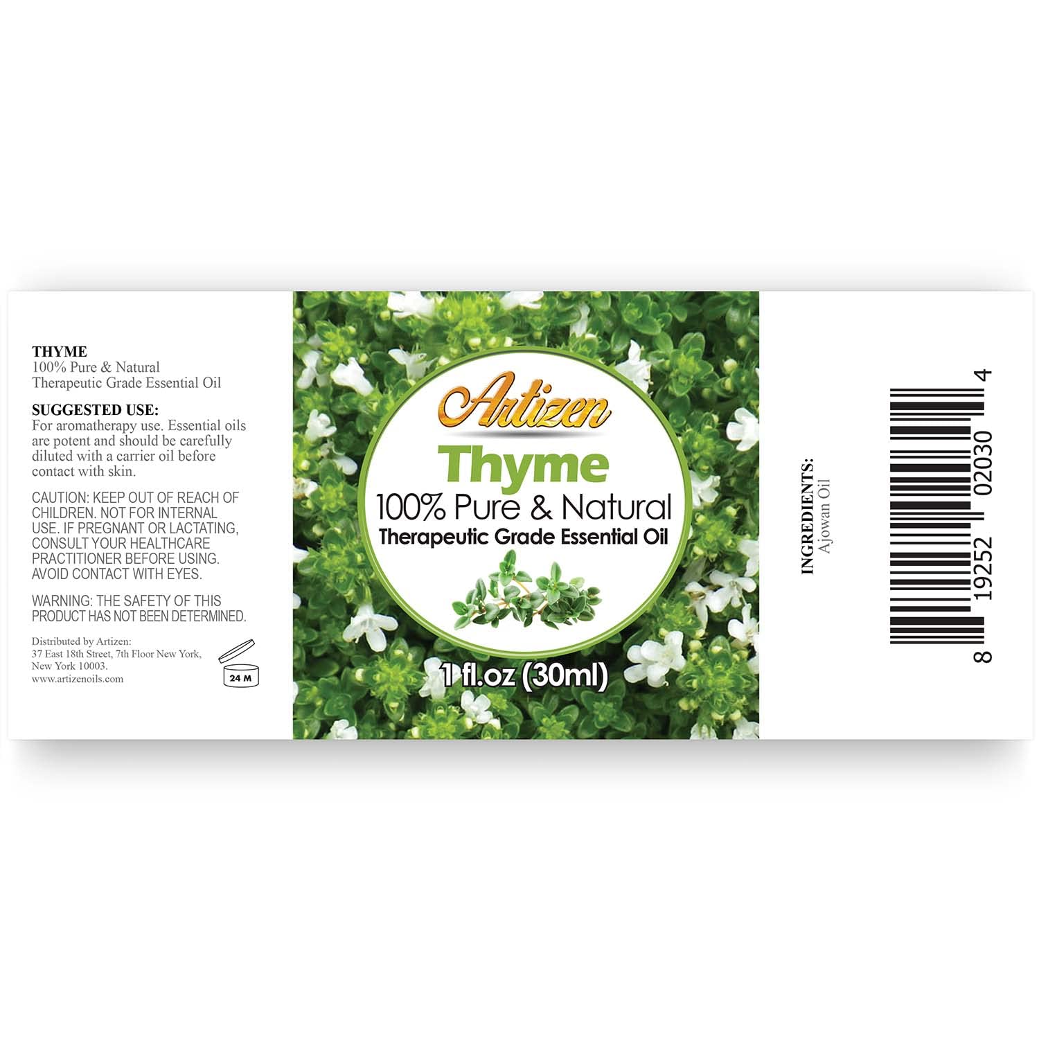 Artizen thyme oil bottle highlights concentrated aroma for skin care.