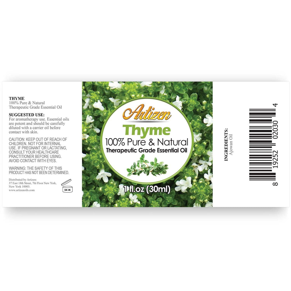 Artizen thyme oil bottle highlights concentrated aroma for skin care.