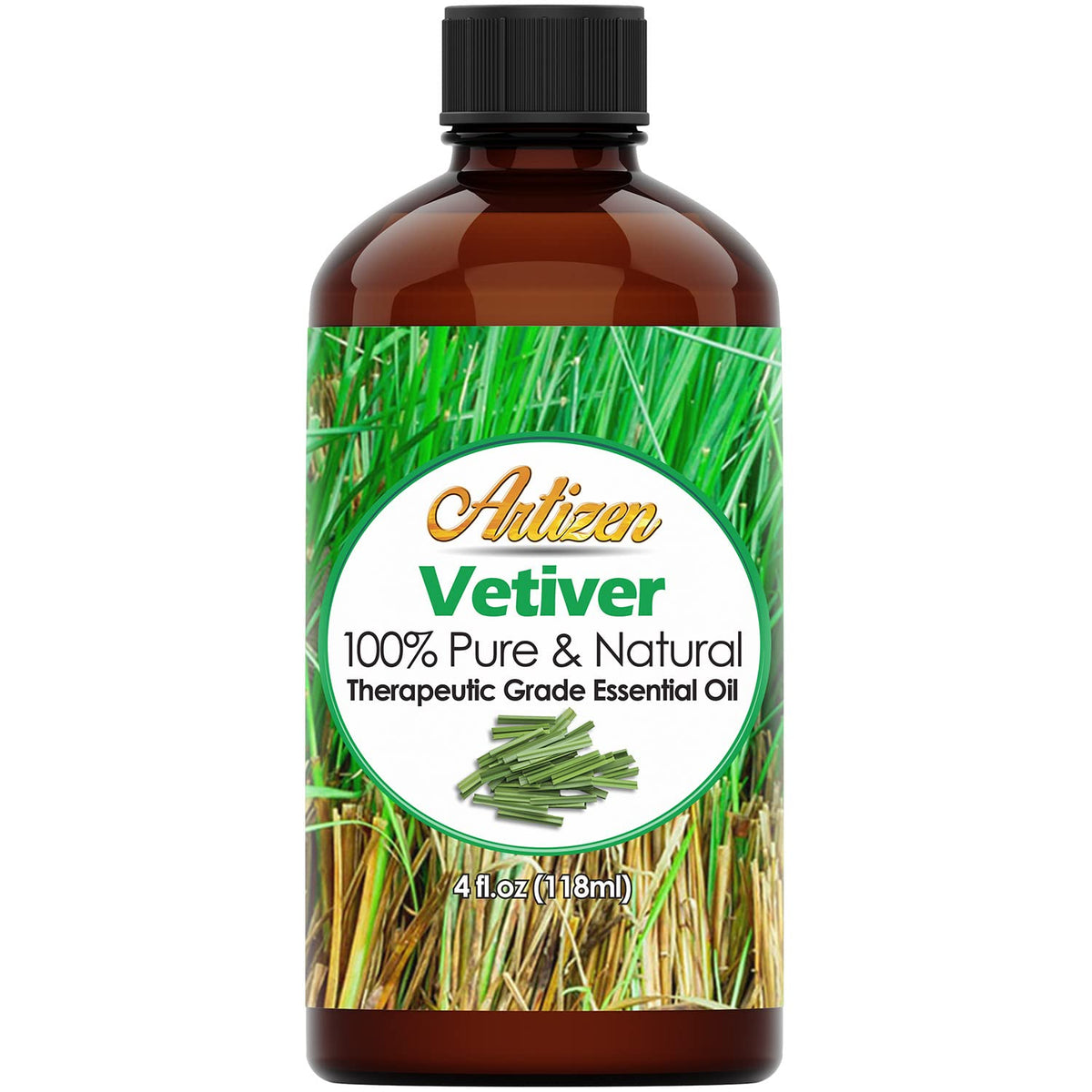 Artizen Vetiver Oil 4oz bottle for pure aromatherapy use and calm ambiance.