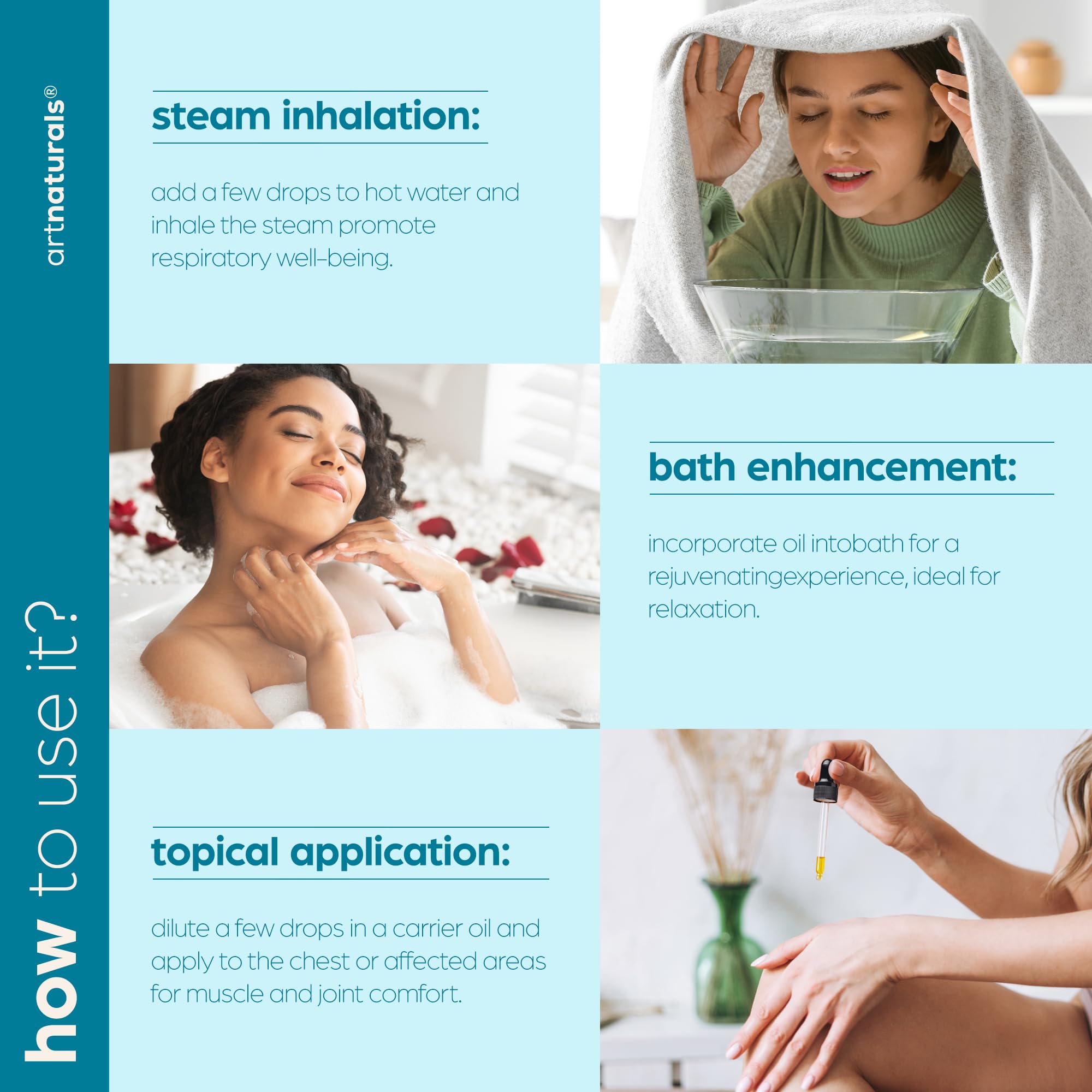 ArtNaturals eucalyptus essential oil beside spa and bath essentials.