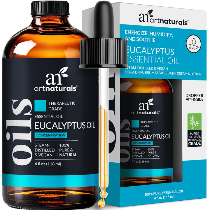 ArtNaturals eucalyptus essential oil bottle, pure formulation for diffusers and blends.