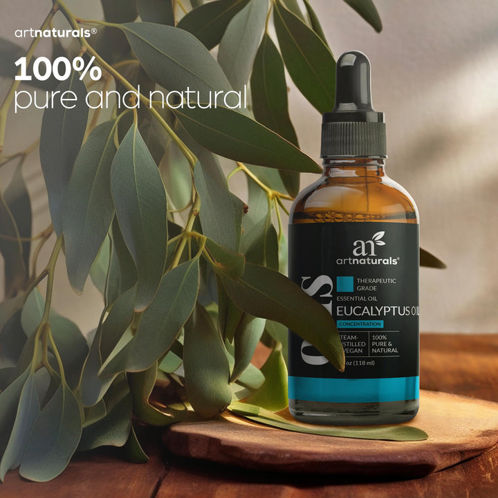 ArtNaturals eucalyptus essential oil with carrier oil in a DIY skincare setup.