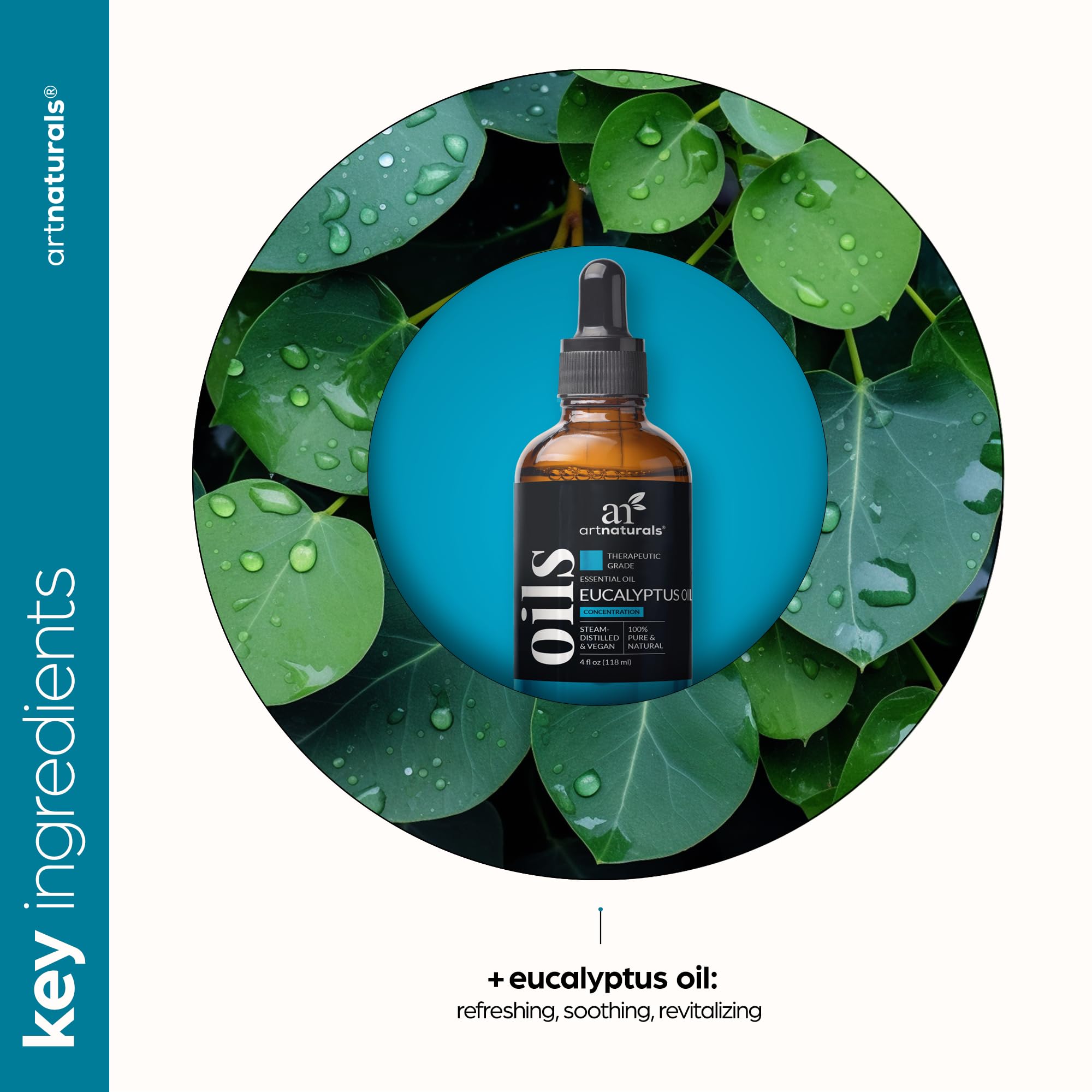 ArtNaturals eucalyptus essential oil bottle cap and pour for safe dilution.
