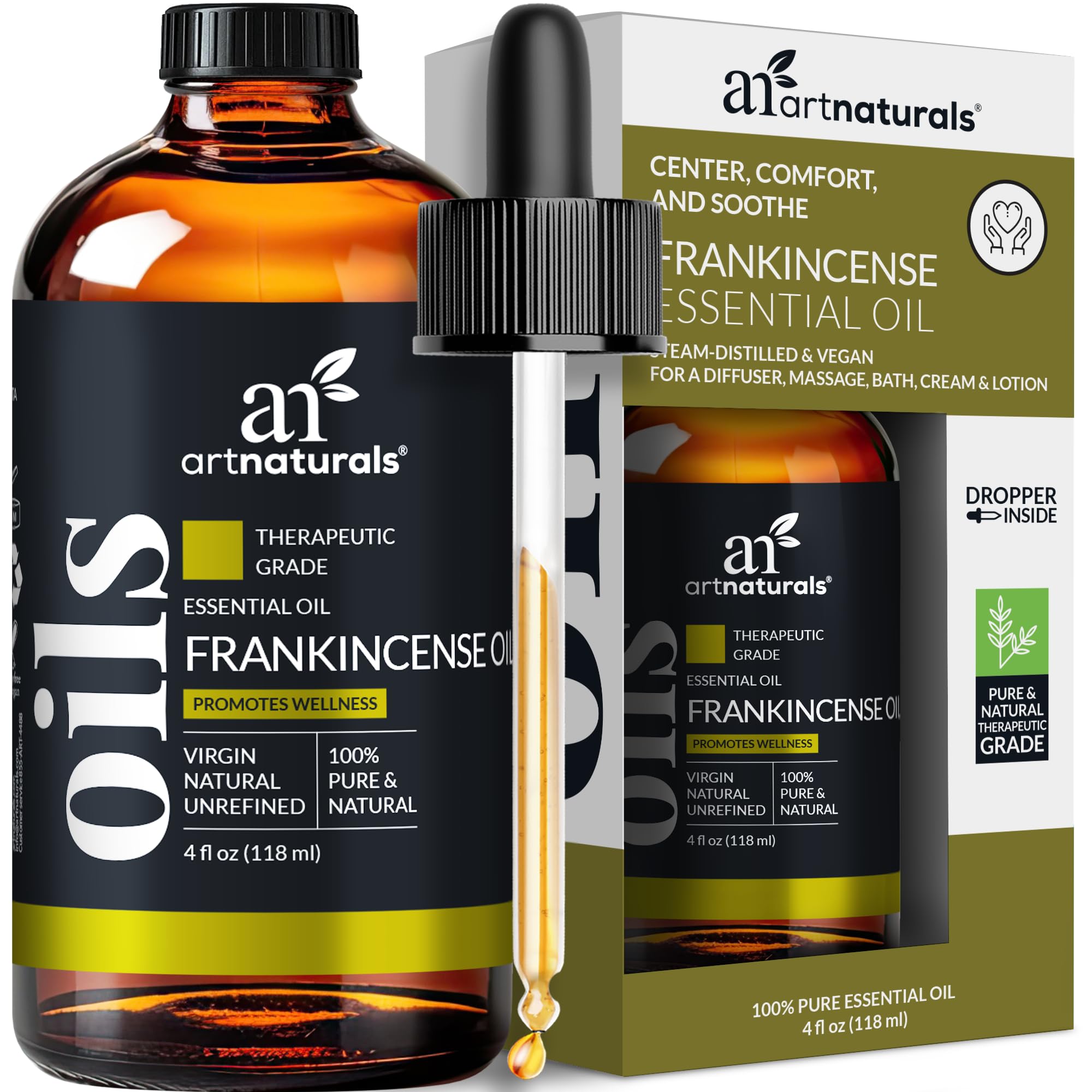 ArtNaturals Frankincense essential oil bottle front view for aromatherapy.