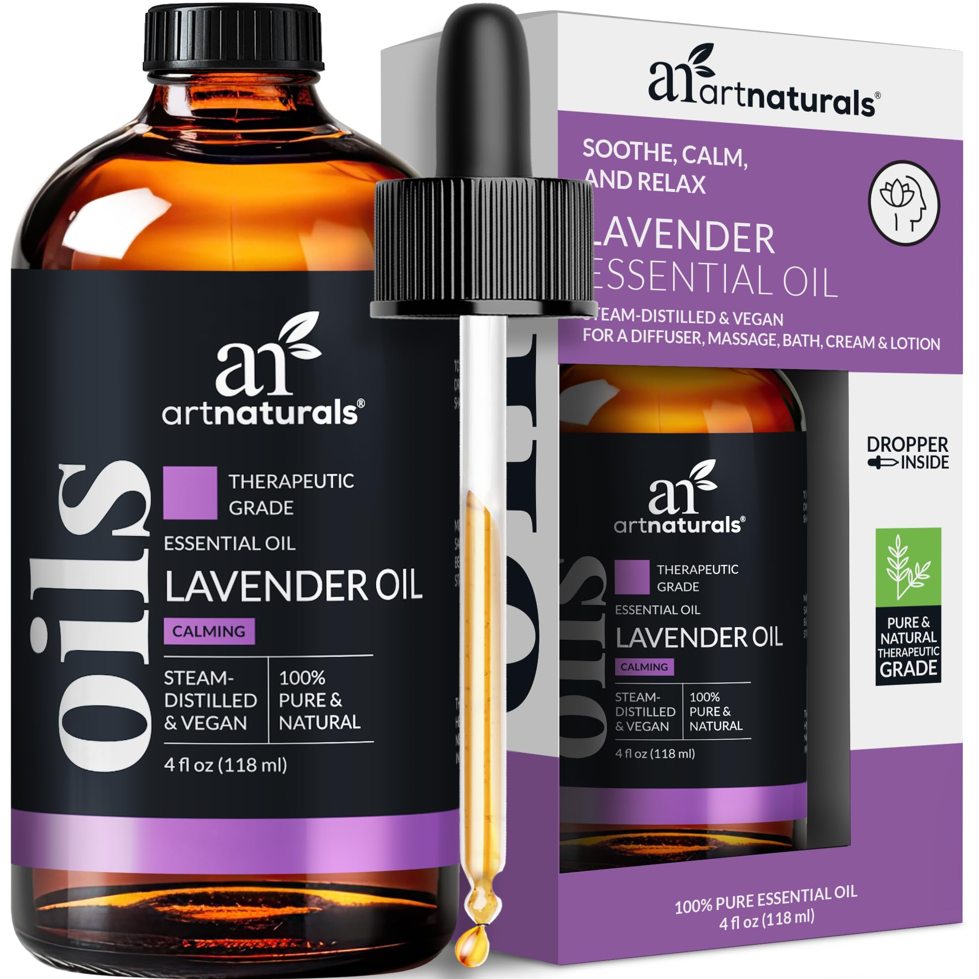 ArtNaturals lavender essential oil bottle front for diffuser and relaxation