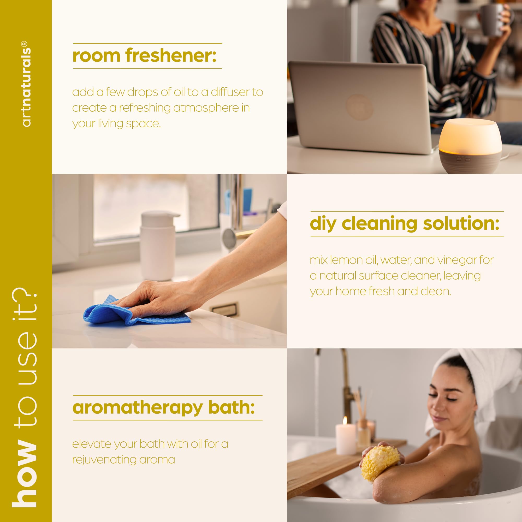 Artnaturals Lemon Essential Oil showcased for natural cleaning and bright spaces
