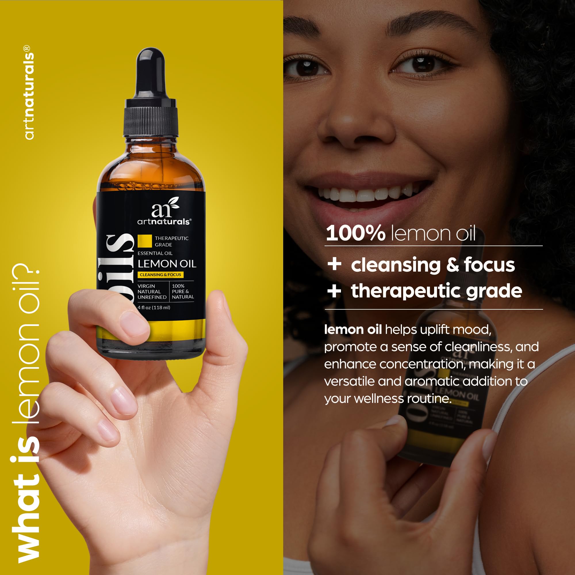 Artnaturals Lemon Essential Oil in diffuser scene delivering uplifting fragrance
