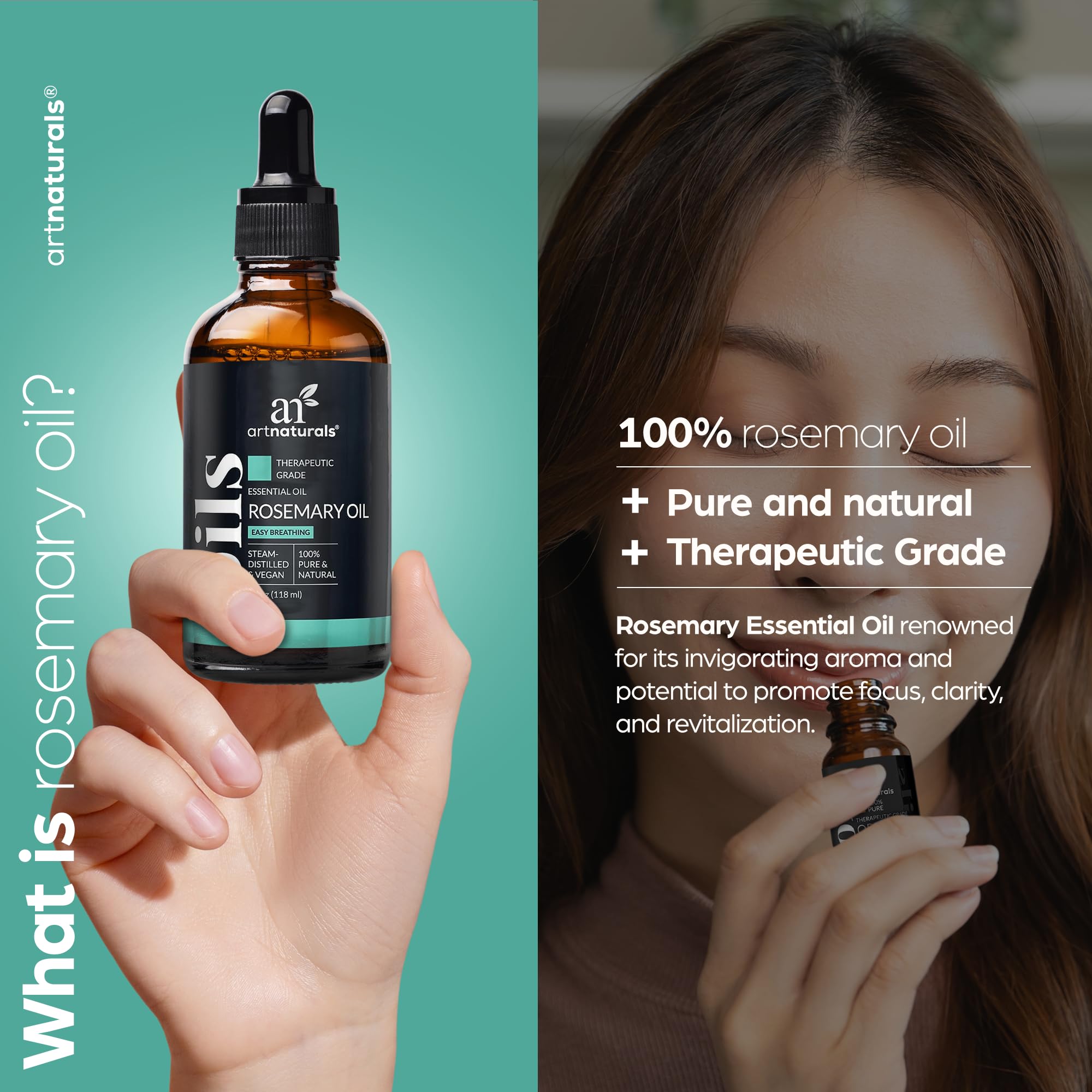 ArtNaturals Rosemary Essential Oil ingredients label highlights pure Moroccan distillate.