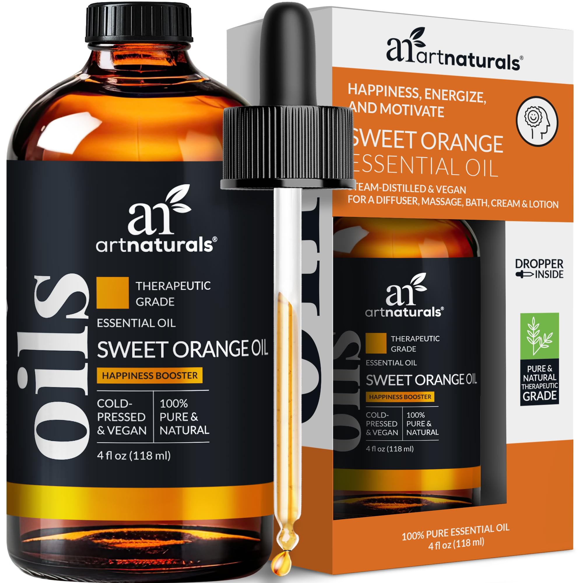ArtNaturals Sweet Orange Oil bottle with dropper for convenient aromatherapy at home.