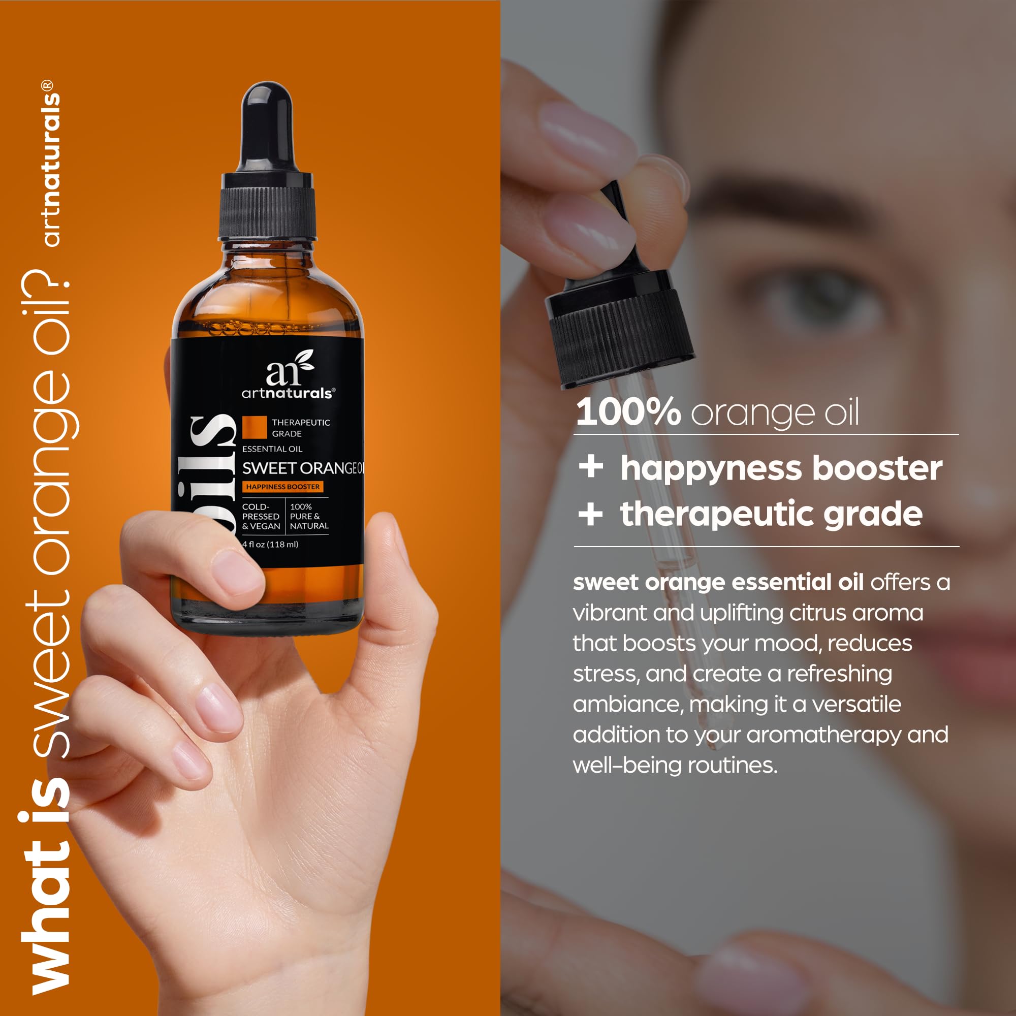 ArtNaturals Sweet Orange Oil diffuser scene highlighting uplifting citrus scent.