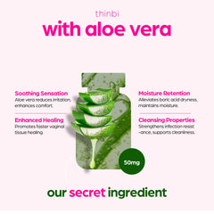 Artnaturals Thinbi boric acid suppositories box showcases science and Aloe Vera collaboration.