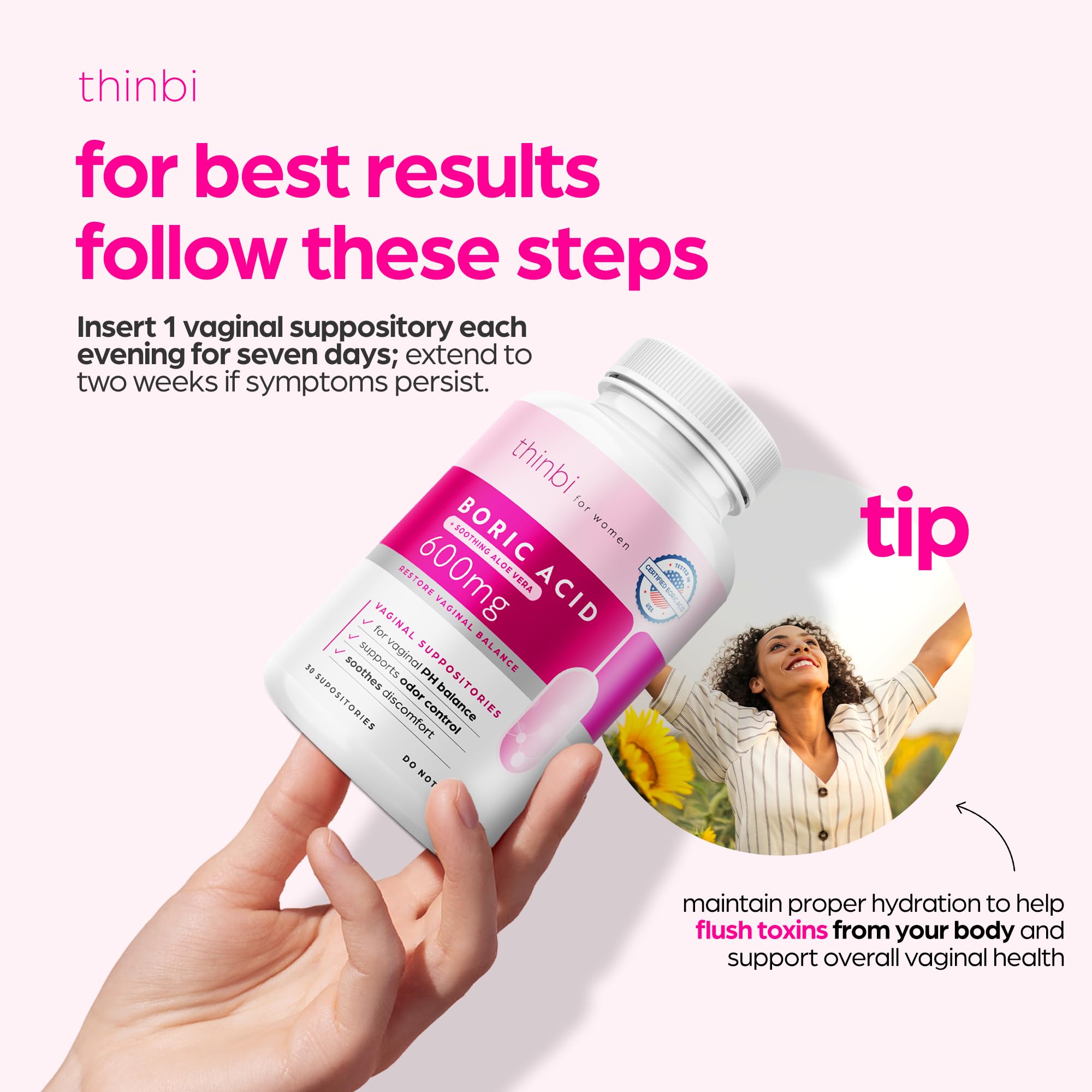 Artnaturals Thinbi boric acid suppositories close-up shows smooth texture for comfortable insertion.