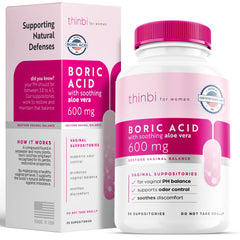 Artnaturals Thinbi boric acid suppositories packaging for discreet at-home care.