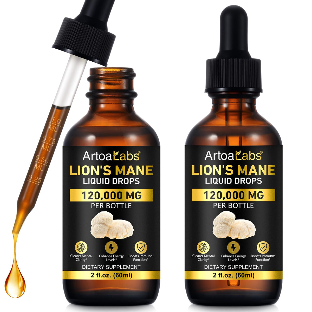 artoalabs Lions Mane Drops bottle on shelf for daily focus and mental clarity.