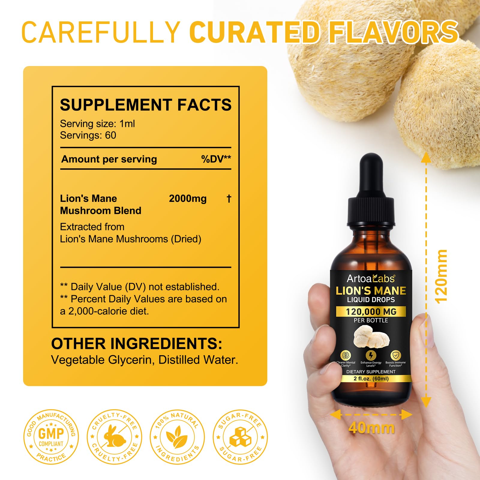 Close-up of artoalabs Lions Mane Drops label highlighting natural ingredients and purity.