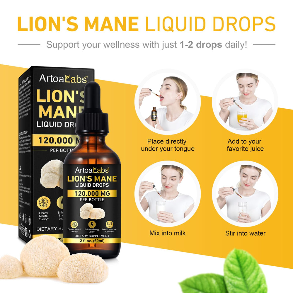 Artoalabs Lions Mane Drops packaging box shown for convenient travel use.