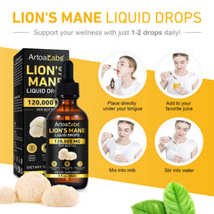 Artoalabs Lions Mane Drops packaging box shown for convenient travel use.