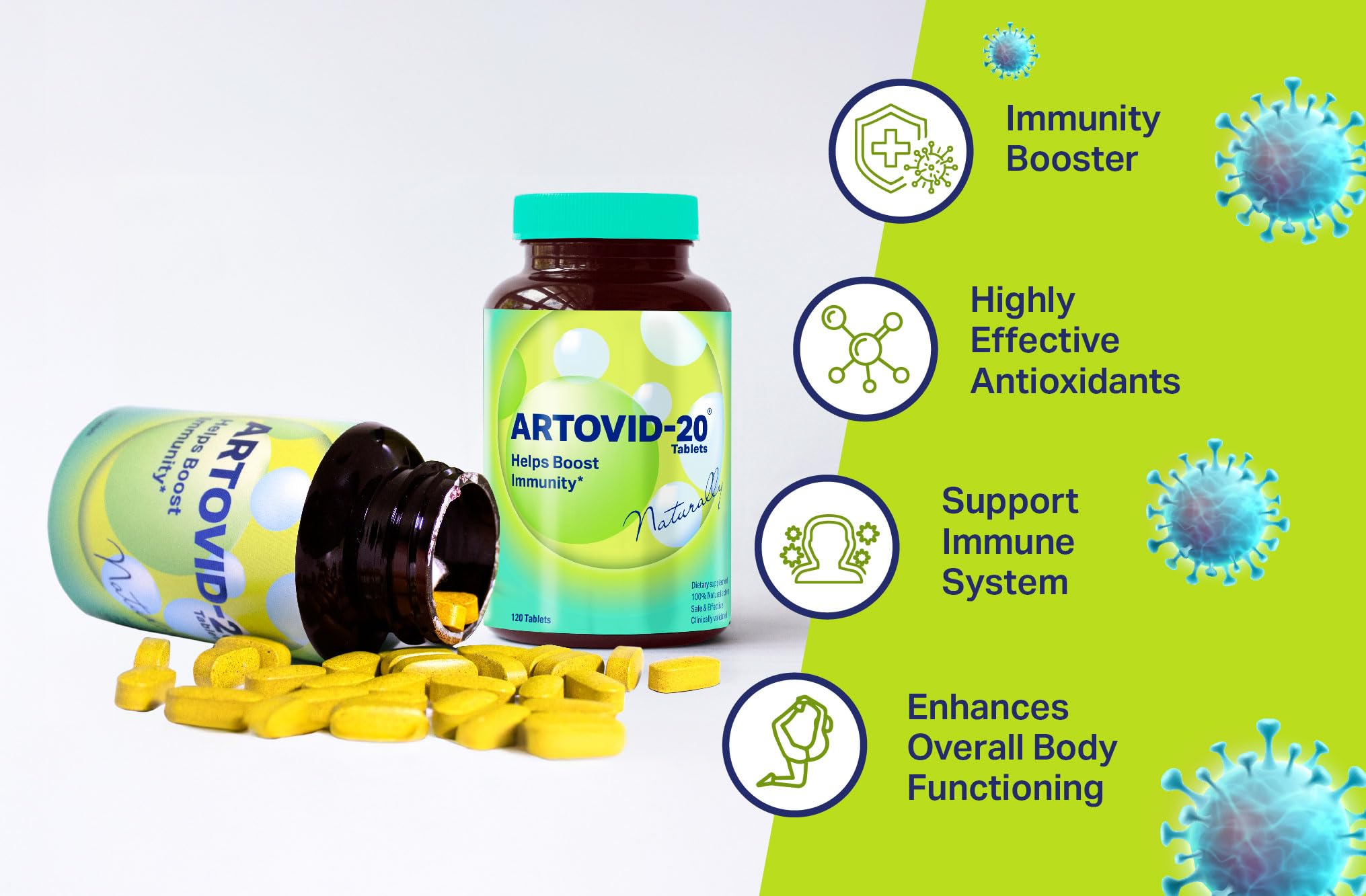 Close-up of ARTOVID-20 Immune pills showing natural ingredients.