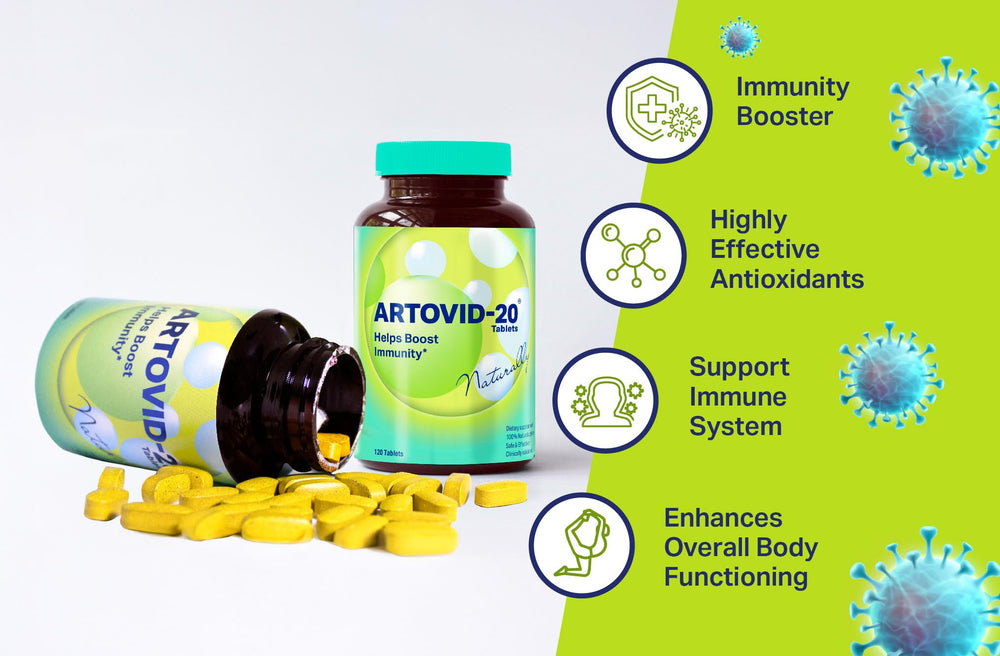 Close-up of ARTOVID-20 Immune pills showing natural ingredients.