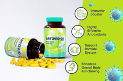 Close-up of ARTOVID-20 Immune pills showing natural ingredients.
