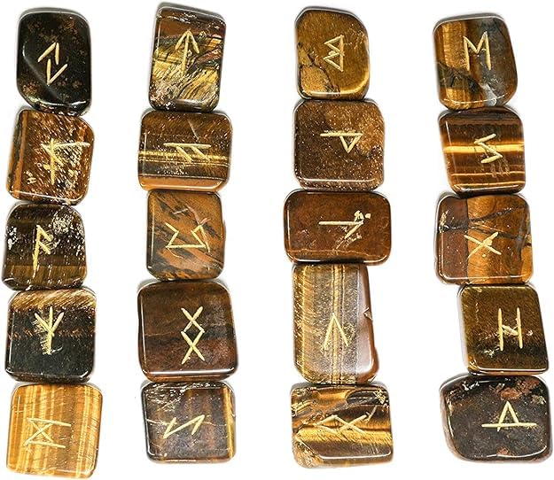 Arts Of India Tiger Eye rune stone closeup with engraved Elder Futhark runes