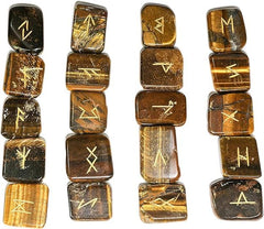 Arts Of India Tiger Eye rune stone closeup with engraved Elder Futhark runes