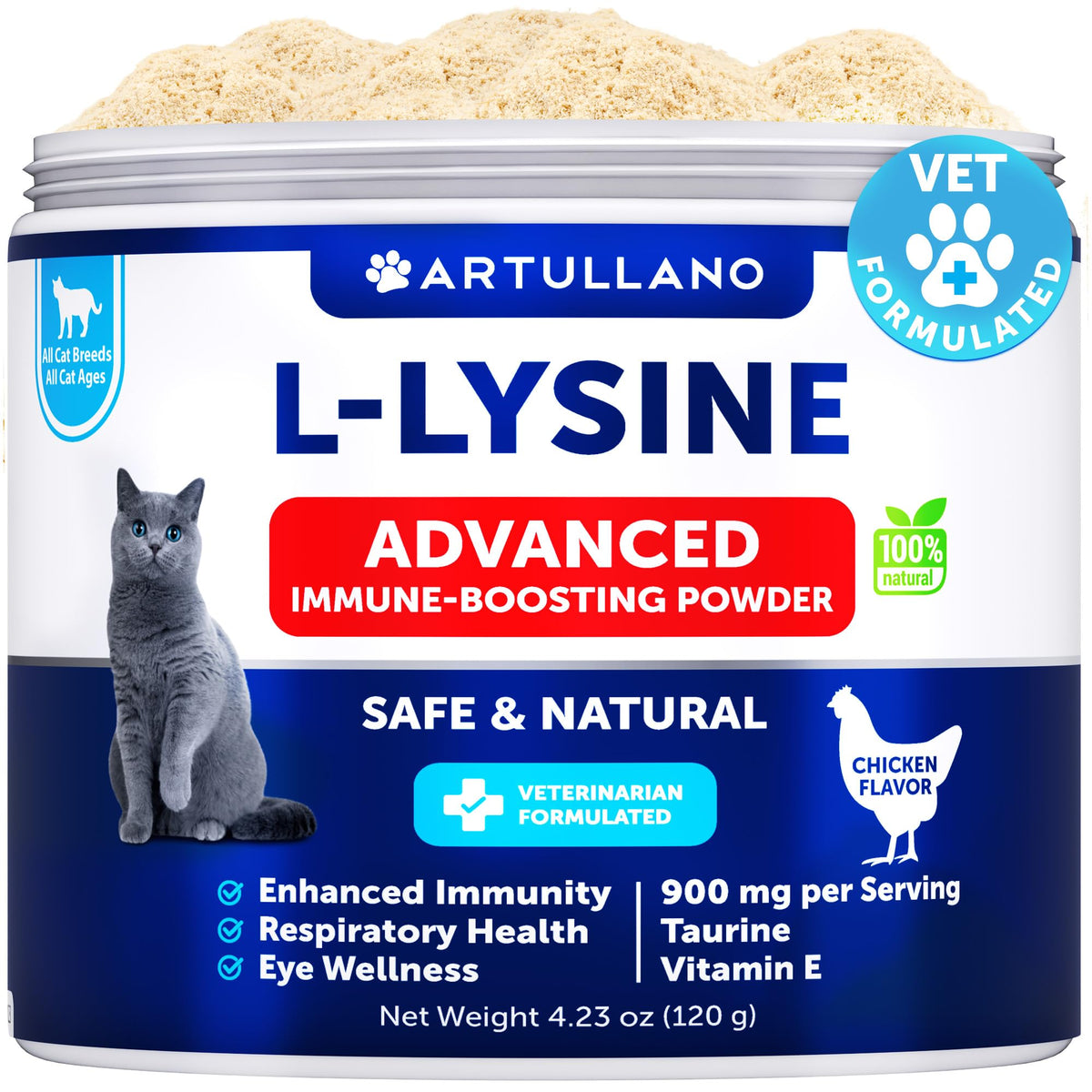 Artullano L-Lysine powder cat bottle for immune support.